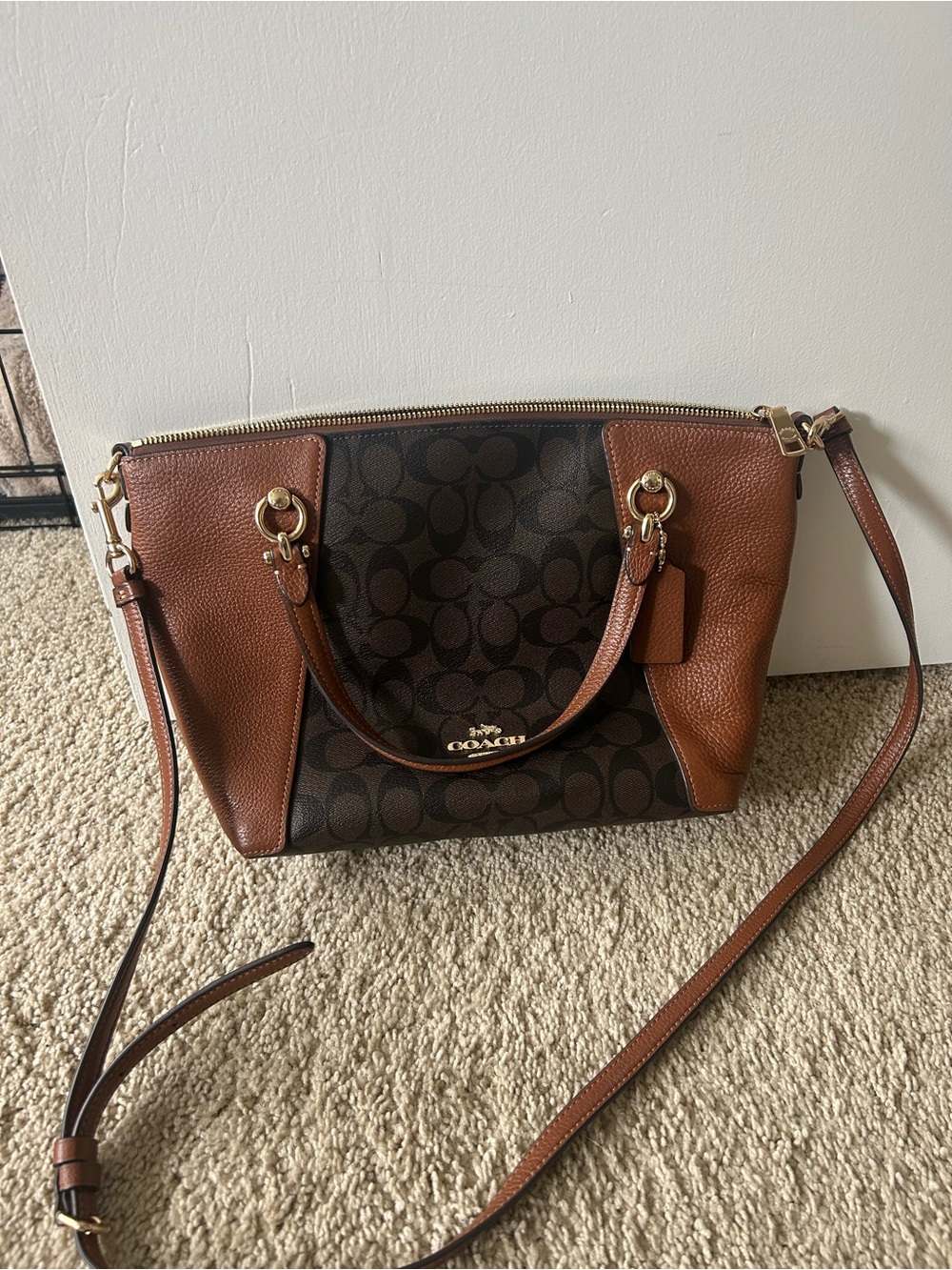Coach Brown Signature Canvas Shoulder Tote with Leather Trim